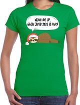 Luiaard Kerst shirt / Kerst t-shirt Wake me up when christmas is over groen voor dames - Kerstkleding / Christmas outfit S