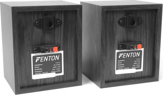 Achterkant van twee zwarte compacte speakers met FENTON label en specificaties.