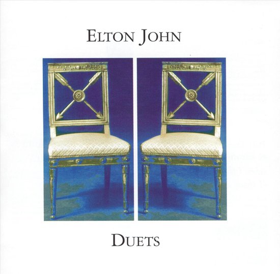 Elton John Duets albumhoes met twee antieke stoelen.
