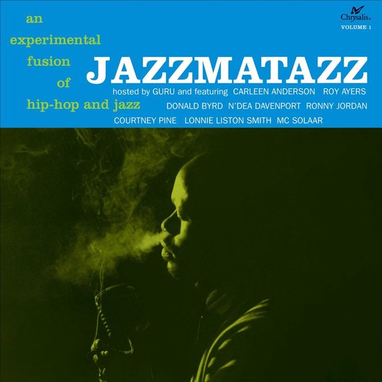 Albumhoes Jazzmatazz Volume 1, met een man die rook uitblaast. Beschreven als 'an experimental fusion of hip-hop and jazz'. Met namen van artiesten.