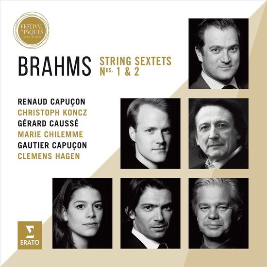 Een collage van zes portretten van musici, met de titel 'BRAHMS STRING</i> SEXTETS NOS. 1 & 2'.