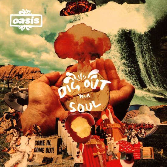 Cover artwork voor Oasis' album 'Dig Out Your Soul'. Met een explosie, handen die een schijf vasthouden, een vlinder, en diverse andere symbolische beelden.