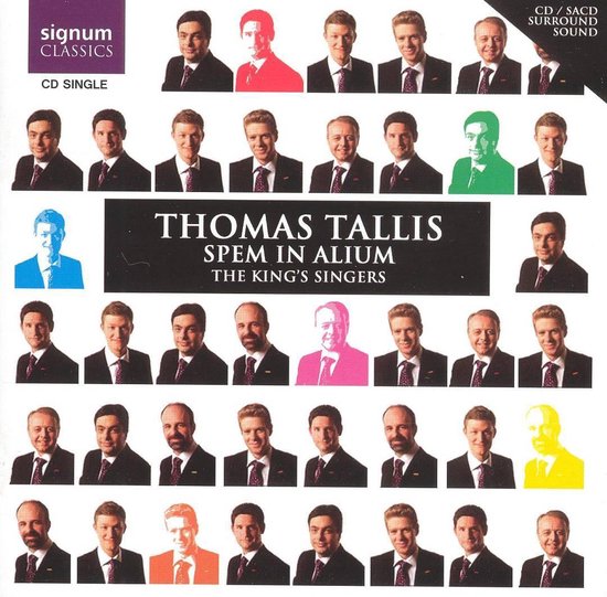 Albumhoes Thomas Tallis Spem in Alium, met 30 portretten van de King's Singers in gekleurde colberts: blauw, rood, groen, oranje, paars, geel.