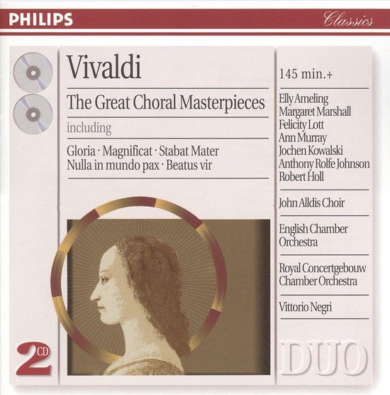 Dubbel-cd Vivaldi: The Great Choral Masterpieces met een schilderij van een vrouw van opzij, met een gouden cirkel.