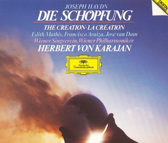 Albumhoes: Joseph Haydn - Die Schöpfung. Met Edith Mathis, Francisco Araiza, José van Dam, Wiener Singverein, Wiener Philharmoniker, Herbert von Karajan. Deutsche Grammophon.