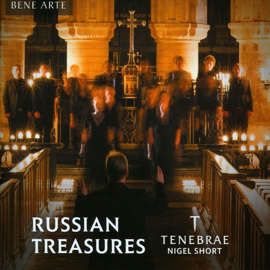 Een koor van zangers staat in een kerk, geleid door een dirigent. Titel: Russian Treasures.