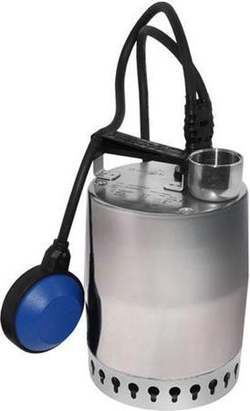 Rvs vuilwaterpomp met blauwe vlotter. Zilverkleurig met zwarte details en handvat.