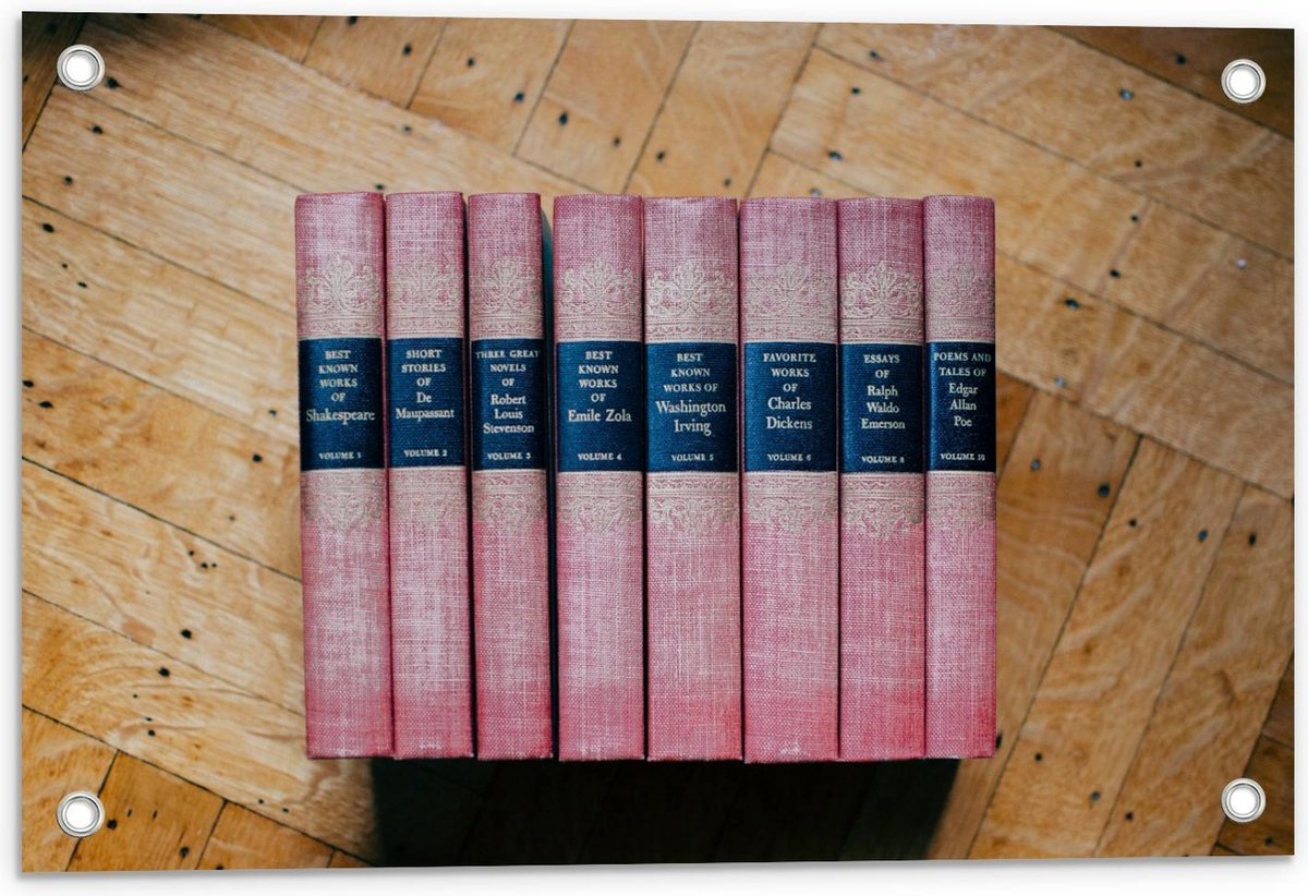 Tuinposter – Rode Boeken op Houten Vloer - 60x40cm Foto op Tuinposter (wanddecoratie voor