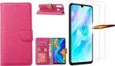 Huawei P30 Lite New Edition Hoesje / P30 Lite portemonnee hoesje Pink / book case met 2 pack screenprotector