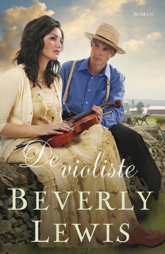 Omslag van 'De violiste' door Beverly Lewis, met een violiste en een Amish man in een landelijke setting.