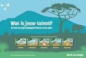 Boekomslag 'Wat is jouw talent?' met illustratie van Afrikaans landschap en een olifant. Vijf kinderboekjes worden getoond.