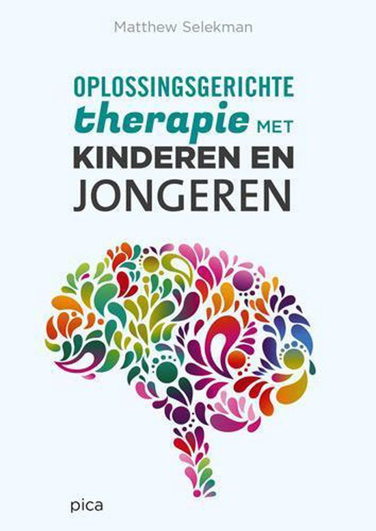 Boek 'Oplossingsgerichte therapie met kinderen en jongeren' met kleurrijke hersenillustratie.