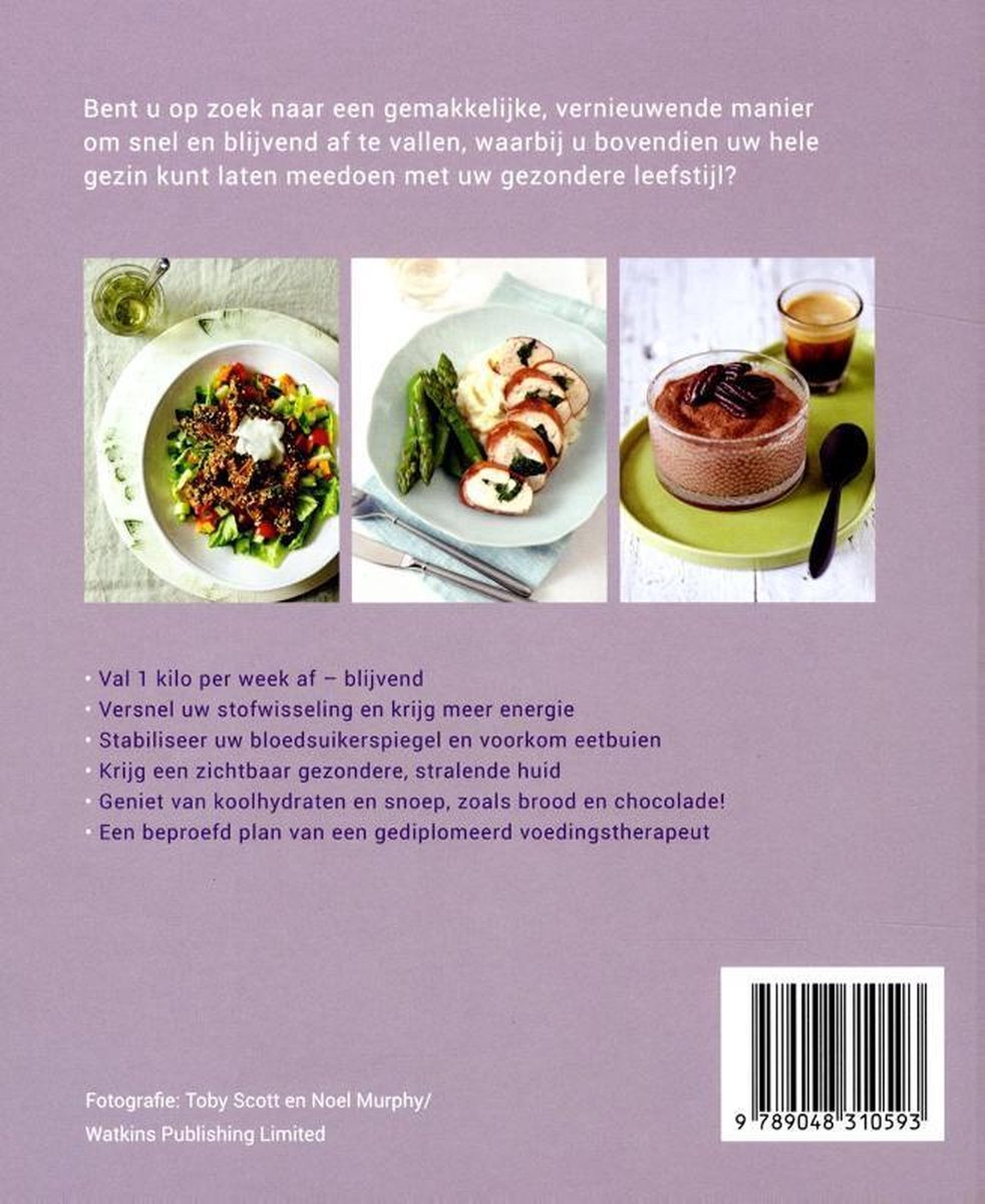 Achterkant kookboek met drie kleine gerechten: een salade, kiprolletjes met asperges en een dessert met espresso.
