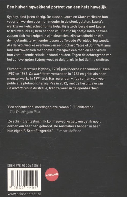 Achterkant van het boek 'De wachttoren' met de tekst van de recensies, ISBN en uitgever.