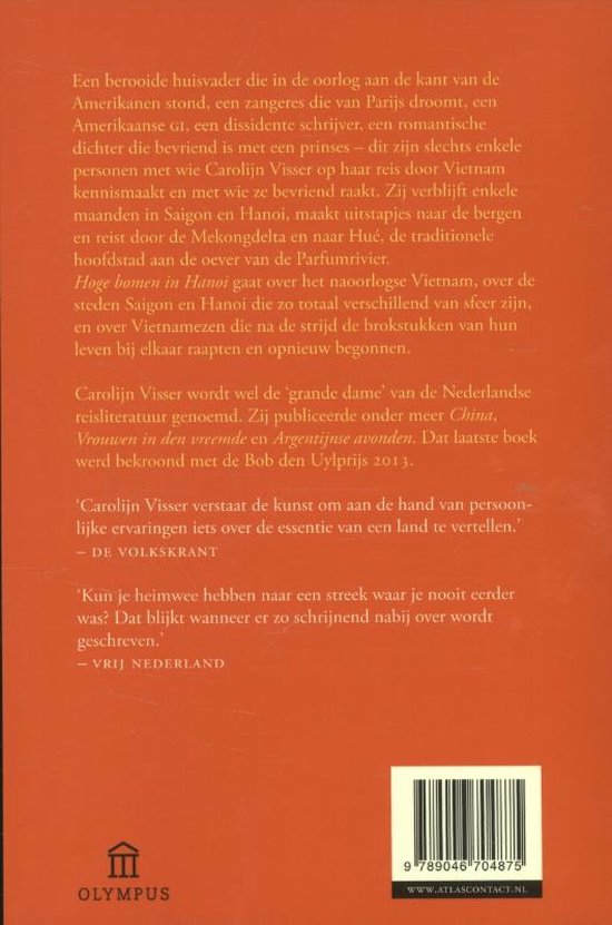 Achterkant boek 'Hoge bomen in Hanoi' met tekst en ISBN.