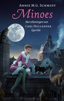 Boek 'Minoes' met een vrouw in roze bontjas op een dak, omringd door katten en een volle maan.