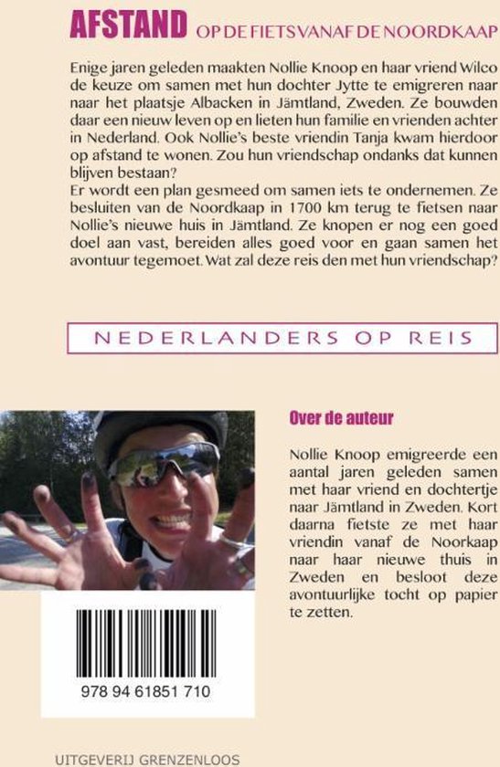 Boekcover 'Afstand op de fiets vanaf de Noordkaap'. Foto van een vrouw met zonnebril, tekst en barcode.