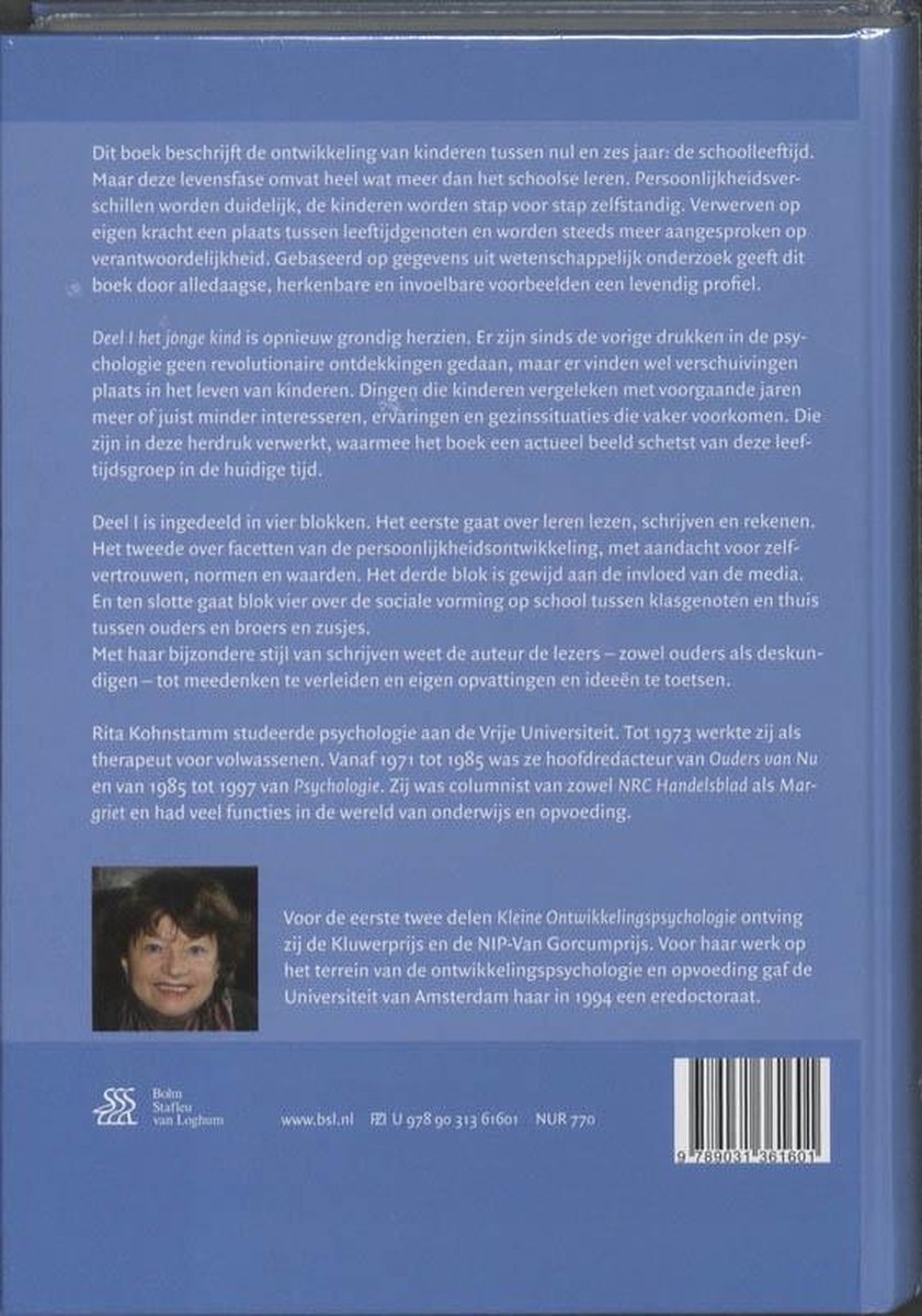 Achterkant van een boek met tekst over psychologie van kinderen en een foto van de auteur Rita Kohnstamm.