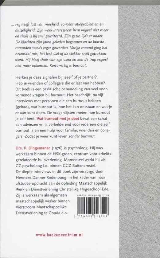 Achterkant van een boek met tekst in het Nederlands over burnout, door Dr. P. Dingemanse.