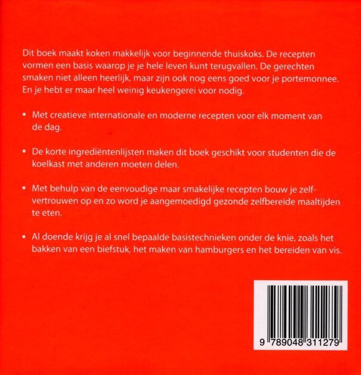 Boek met rode kaft en witte tekst. De tekst gaat over 500 studentenmaaltijden, met recepten die lekker, gezond en voordelig zijn.
