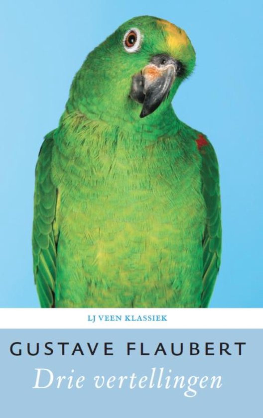 Perroquet vert avec une tache jaune sur la tête, sur fond bleu. Titre: Drie vertellingen.