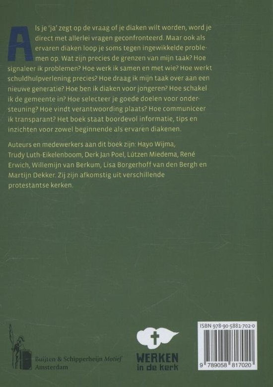 Boekkaft met tekst over diakenen. Titel: 'Handboek voor diakenen'. Auteurs en medewerkers worden opgenoemd.