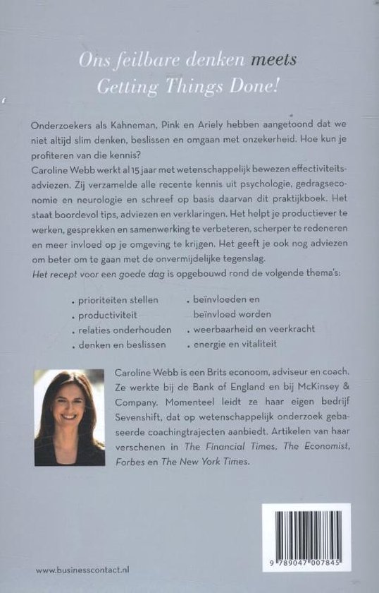 Achterkant van het boek 'Het recept voor een goede dag' met een foto van Caroline Webb.