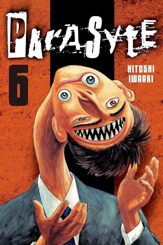 Parasyte 6 manga cover: Een wezen met meerdere ogen en een grote grijns op een oranje achtergrond.