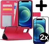 Hoes voor iPhone 12 Mini Hoesje Book Case Met 2x Screenprotector Full Cover 3D Tempered Glass - Hoes voor iPhone 12 Mini Hoes Wallet Case Hoesje - Donker Roze