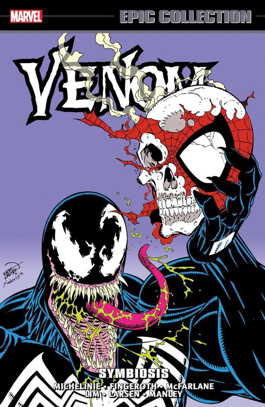 Venom comic cover met Venom die Spider-Man's gescheurde masker vasthoudt. Venom heeft een lange tong.
