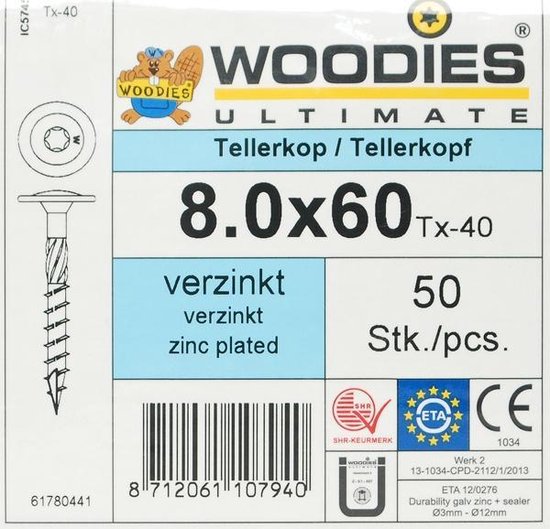 WOODIES® Ultimate Tellerkopschroef Torx Verzinkt 8x60 Voldraad VE=50 - 61780441 - WOODIES® Ultimate