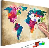 Doe-het-zelf op canvas schilderen - Kleurrijke Wereldkaart 60x40 ,  Europese kwaliteit, cadeau idee