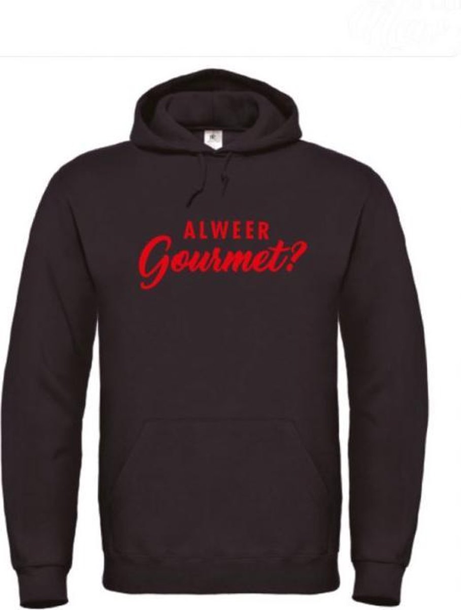 Foute kersttrui hoodie zwart S - Alweer gourmet? - Rood - soBAD. | Kersttrui soBAD. | kerstsweaters volwassenen | kerst hoodie volwassenen | Kerst outfit | Foute kerst truien