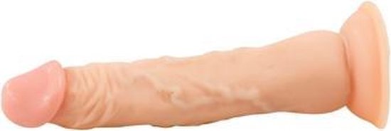 Beige dildo met roze punt, geribd lichaam en een platte, ronde basis, liggend.