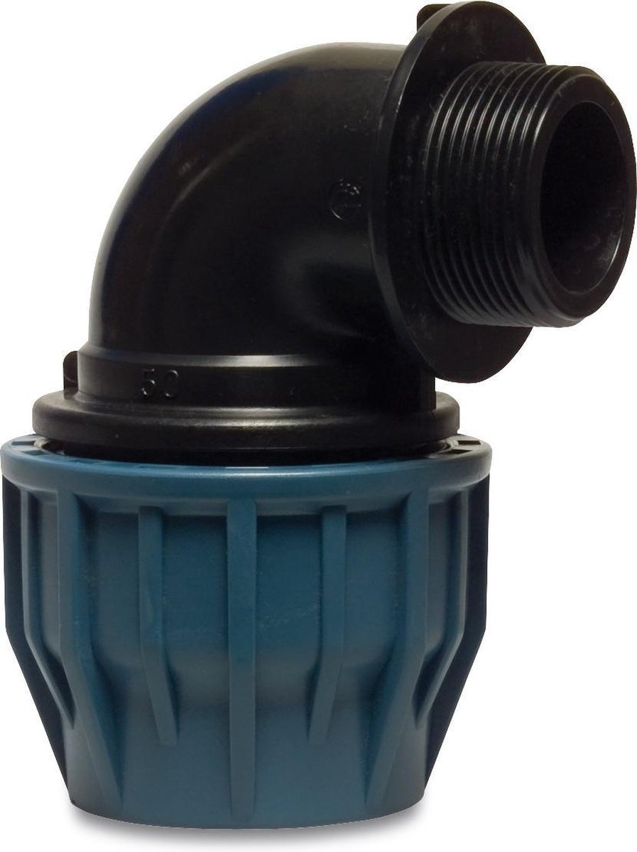 Jason Knie 90° PP 40 mm x 1 1/2" knel x buitendraad 16bar zwart/blauw DVGW/KIWA/WRAS/SVGW