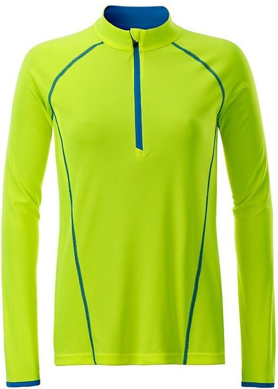 Neon gele sporttop met lange mouwen, blauwe rits, kraag en contrasterende blauwe stiksels.
