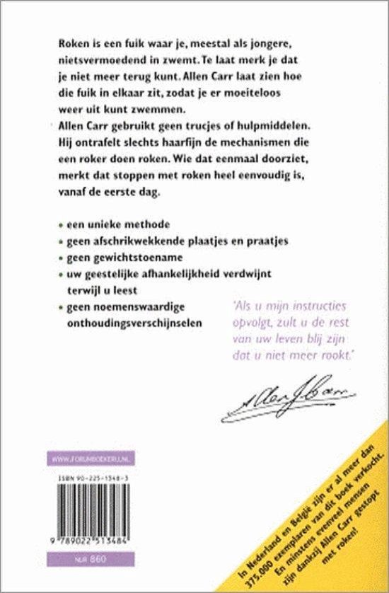 Achterkant boek met tekst over de methode van Allen Carr om te stoppen met roken, handtekening en ISBN.