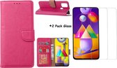 Hoesje Geschikt Voor Samsung Galaxy M31S Boek Hoesje / Wallet cover - Pink Met 2X glas Screenprotector