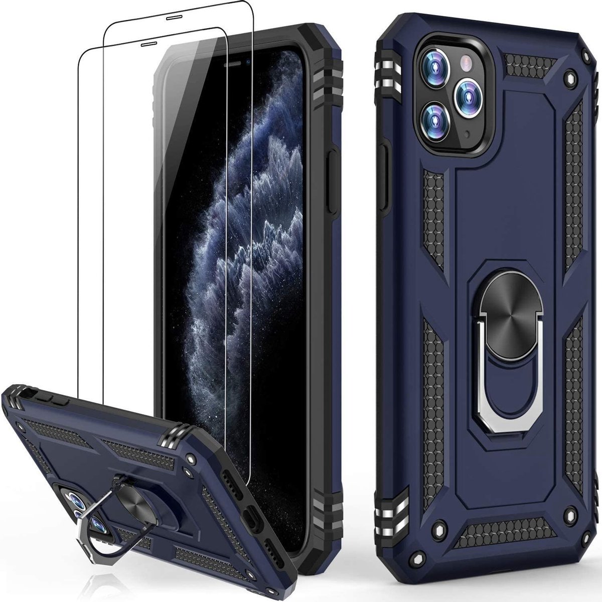 Telefoonhoesje Geschikt voor: iPhone 12 Pro hoesje Schokbestendige ring armor met 2X Glas Screenprotector blauw