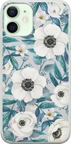 iPhone 12 mini hoesje siliconen - Witte bloemen - Soft Case Telefoonhoesje - Bloemen - Transparant, Blauw