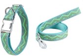 Halsband met riem - Honden halsband met riem - Halsband met riem als set - Riem - Halsband  - Groen zigzag - S