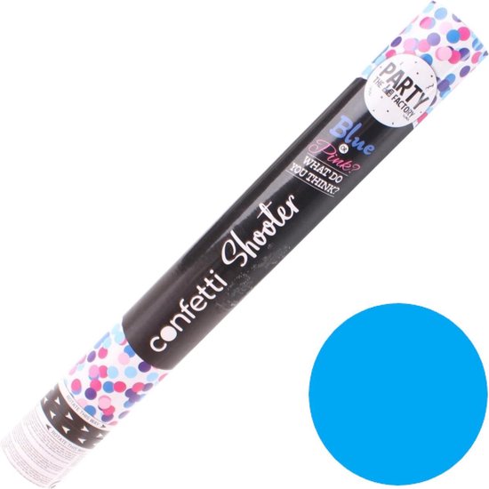 Confetti shooter met 'confetti shooter' en 'party the fun factory' tekst, met blauwe en roze confetti patronen. Naast de shooter een helderblauwe cirkel.
