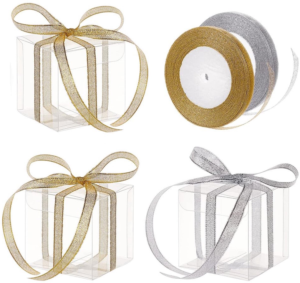 30 Stuks 7x7x7 Cm Doorzichtige Kubusvormige Geschenkdozen - Inclusief Gouden en Zilveren Glitterlinten