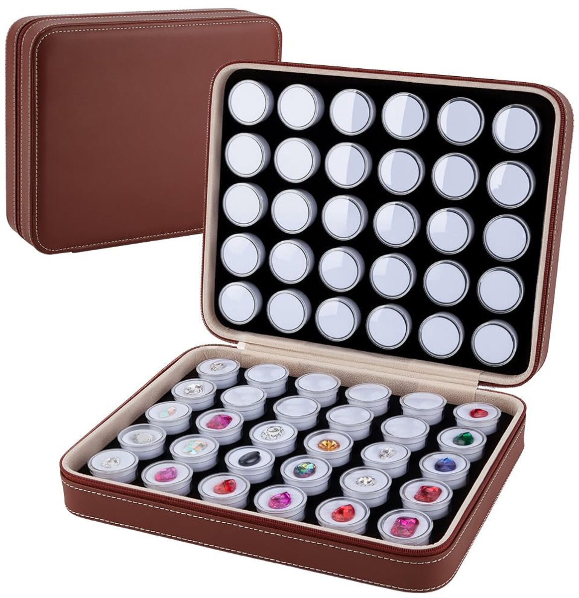 Sieradendoos PU leer 25,7x20,5x6,8 cm - Set 60 Plastic Ronde Doosjes met Witte Schuimvulling