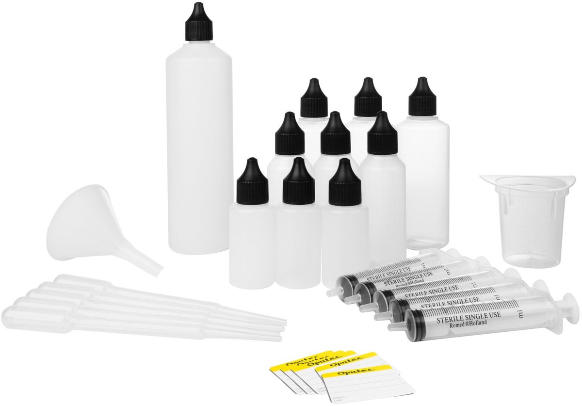 Oputec 42-delige XL mengset – flesjes, maatbekers, spuiten & pipetten – inclusief etiketten – Made in Germany