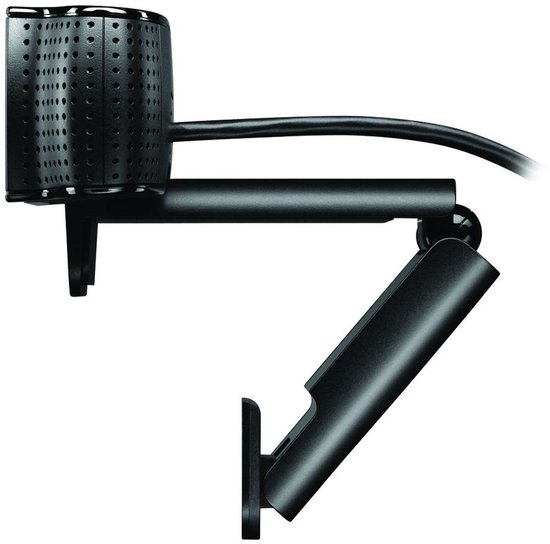 Vue latérale de la webcam Logitech C920 noire avec son support réglable.