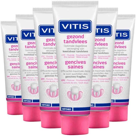 Zes tubes Vitis Gezond Tandvlees tandpasta met roze doppen. Tekst: 'gezond tandvlees', 'gengives saines'.