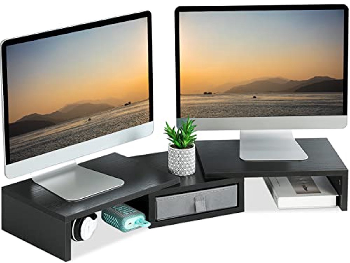 Dubbele Monitorverhoger met Verstelbare Hoogte en Praktische Lade - Ergonomisch Bureau Organizer voor Twee Monitoren