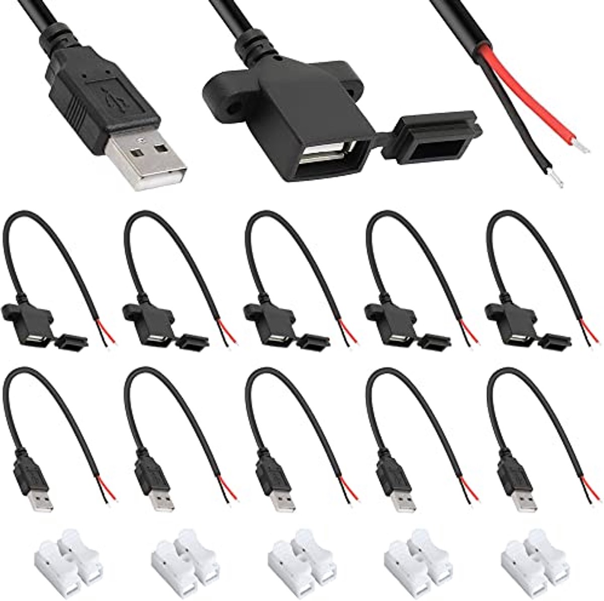 USB Aansluitingen voor Doe-Het-Zelf Projecten - 2-polige Draad met Stofdichte Kap en USB Stekker - 25 Stuks