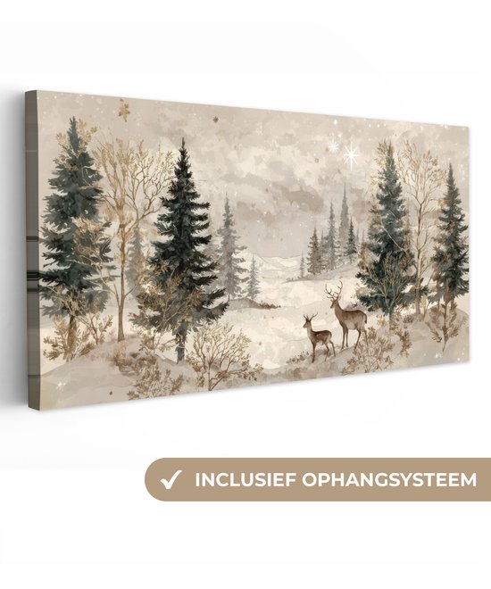 Canvas schilderij 100x50 cm - Exclusieve wanddecoratie Bos - Herten - Winter - Sneeuw - Muurdecoratie woonkamer - Slaapkamer decoratie - Kamer accessoires - Schilderijen op canvas